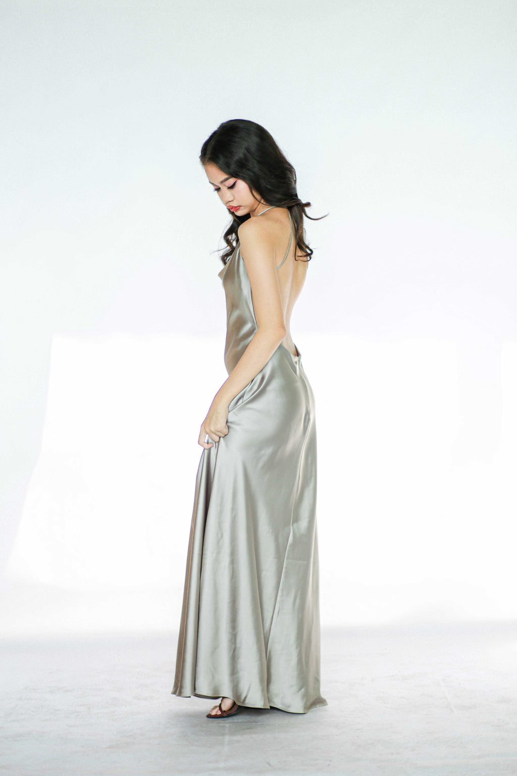 Light Silver Slip Maxi Dress Open Back