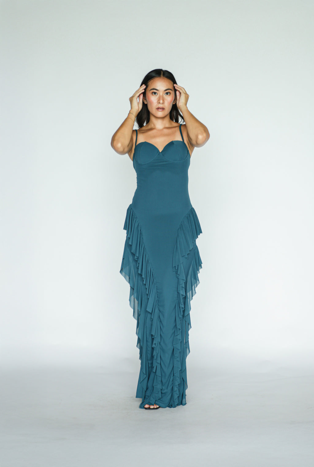 Teal Bustier Tiered Ruffle Dress