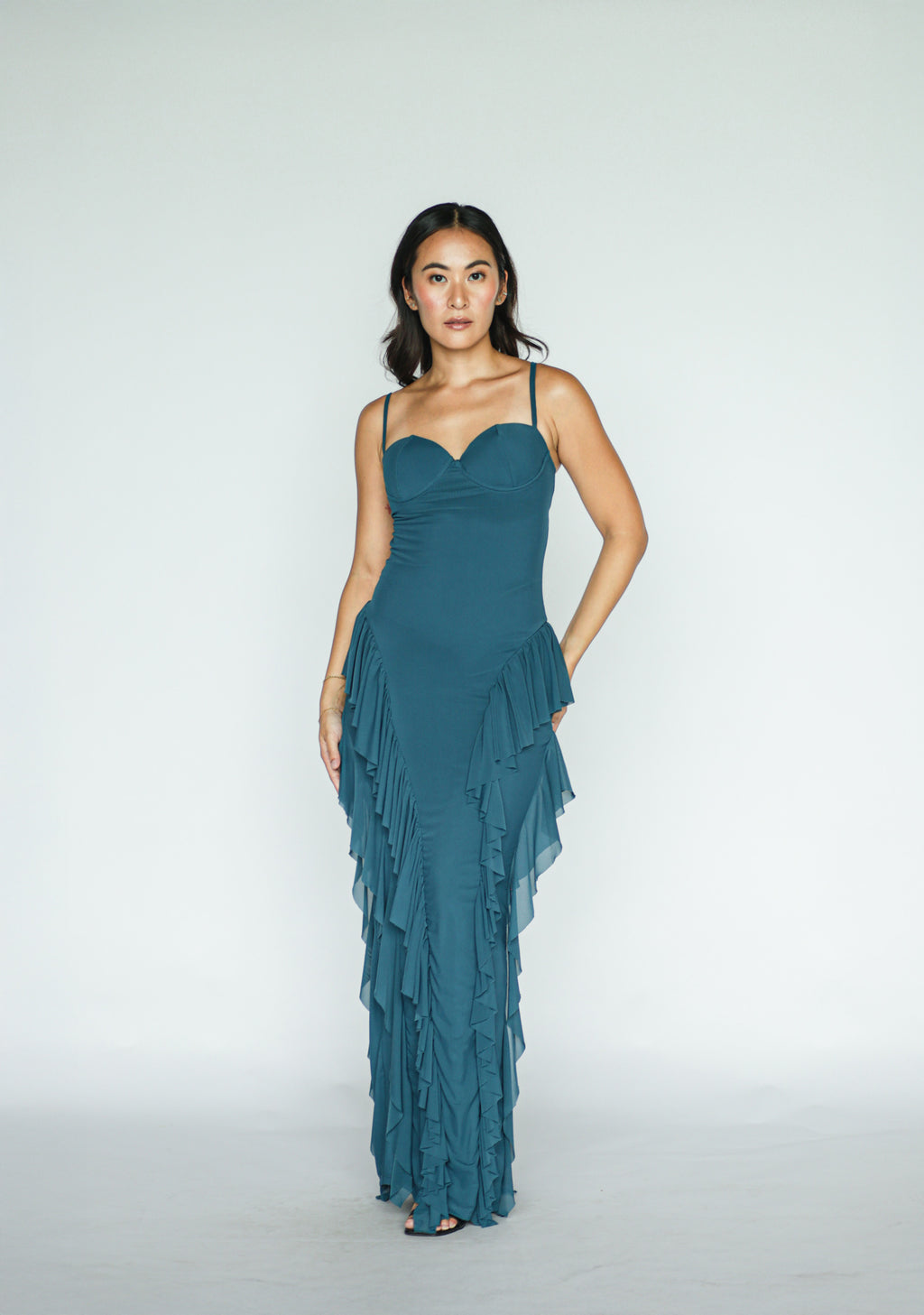 Teal Bustier Tiered Ruffle Dress