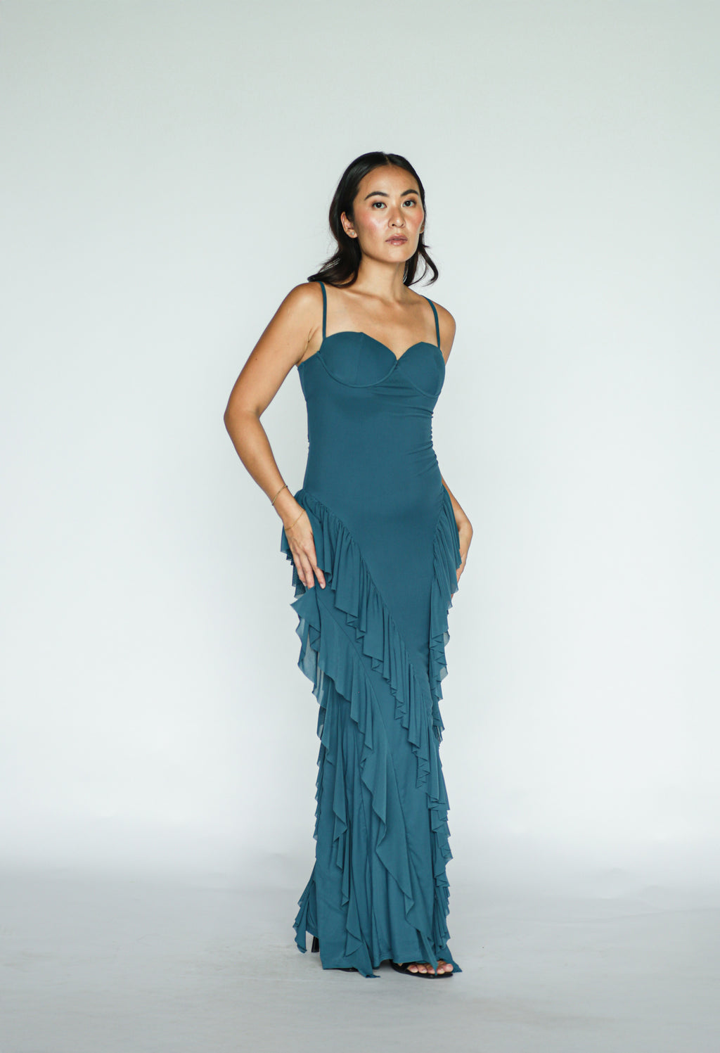 Teal Bustier Tiered Ruffle Dress