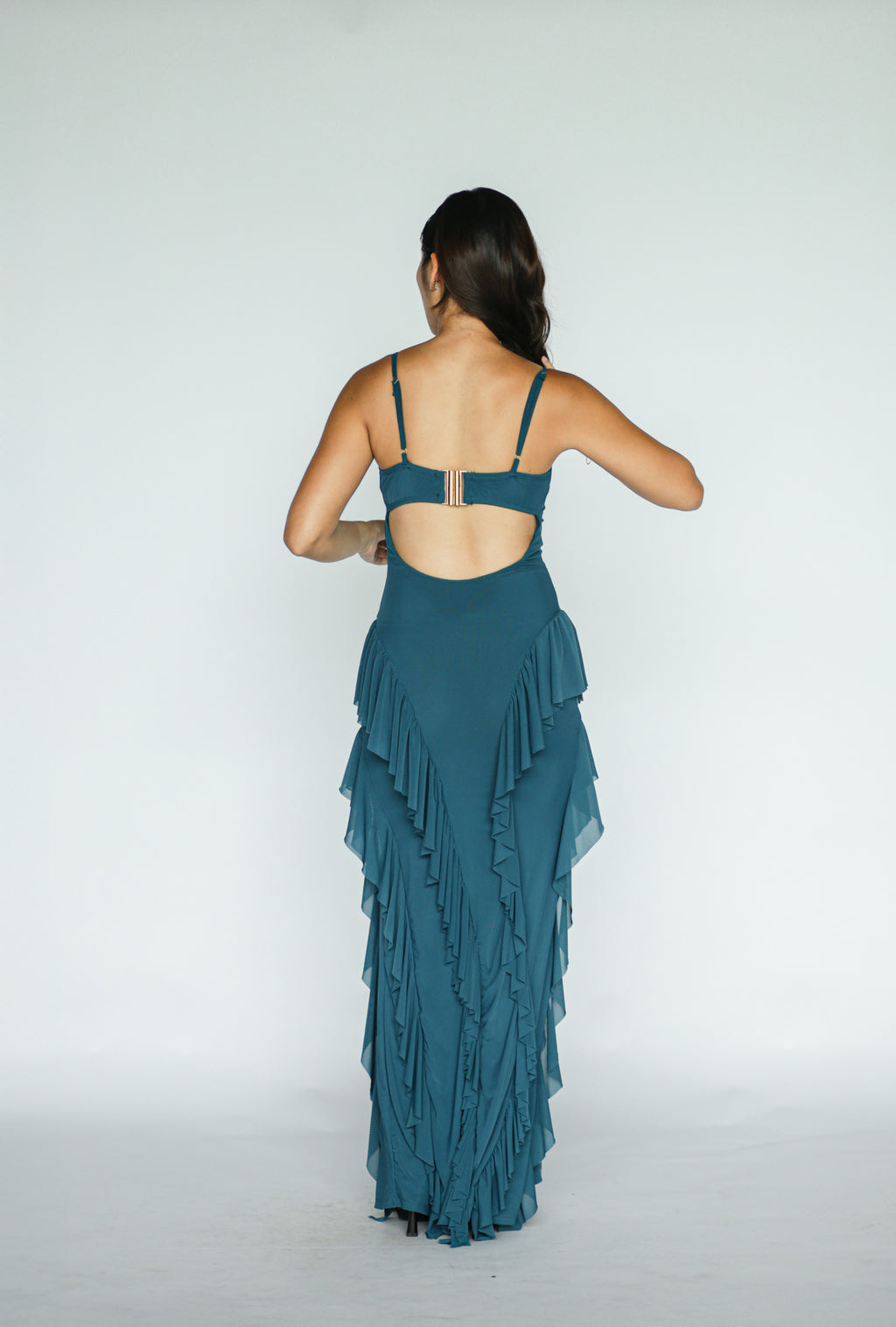 Teal Bustier Tiered Ruffle Dress
