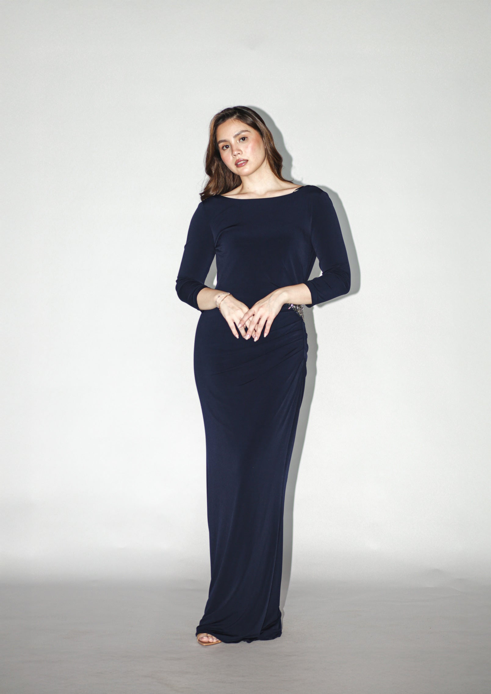 Navy Blue Long Sleeve Gown With Embellishments