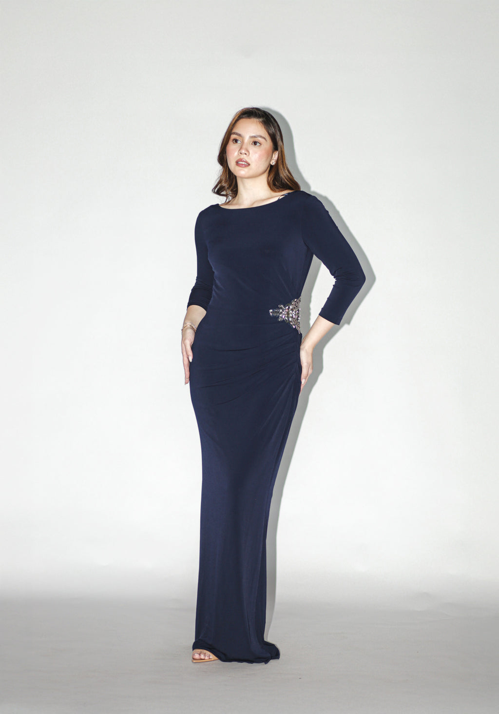 Navy Blue Long Sleeve Gown With Embellishments