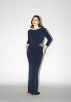 Navy Blue Long Sleeve Gown With Embellishments