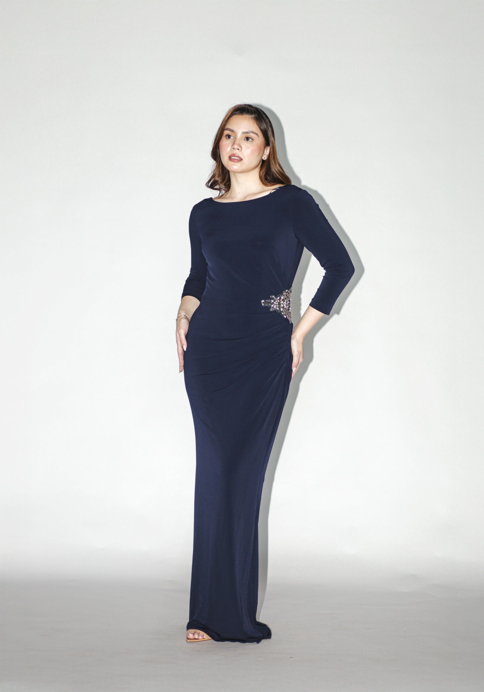 Navy Blue Long Sleeve Gown With Embellishments