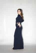 Navy Blue Long Sleeve Gown With Embellishments