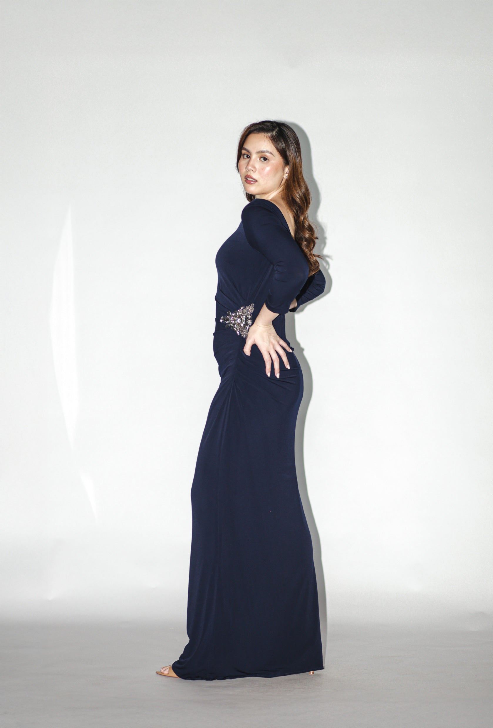 Navy Blue Long Sleeve Gown With Embellishments