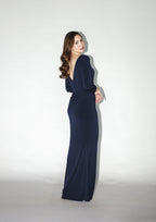 Navy Blue Long Sleeve Gown With Embellishments