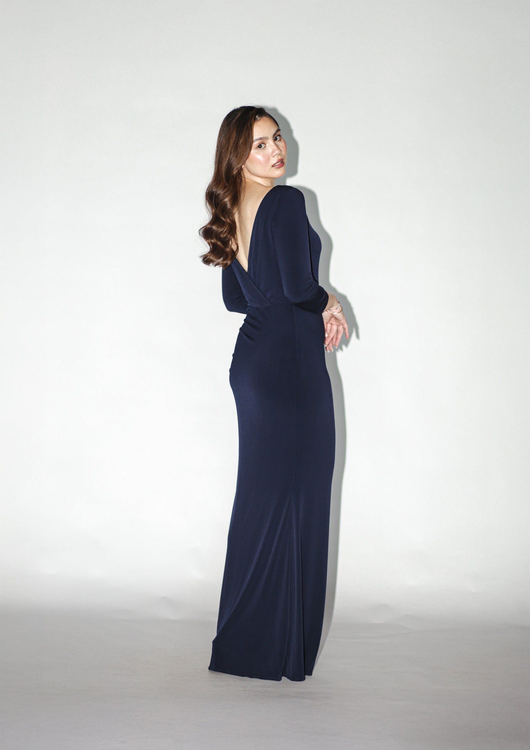 Navy Blue Long Sleeve Gown With Embellishments