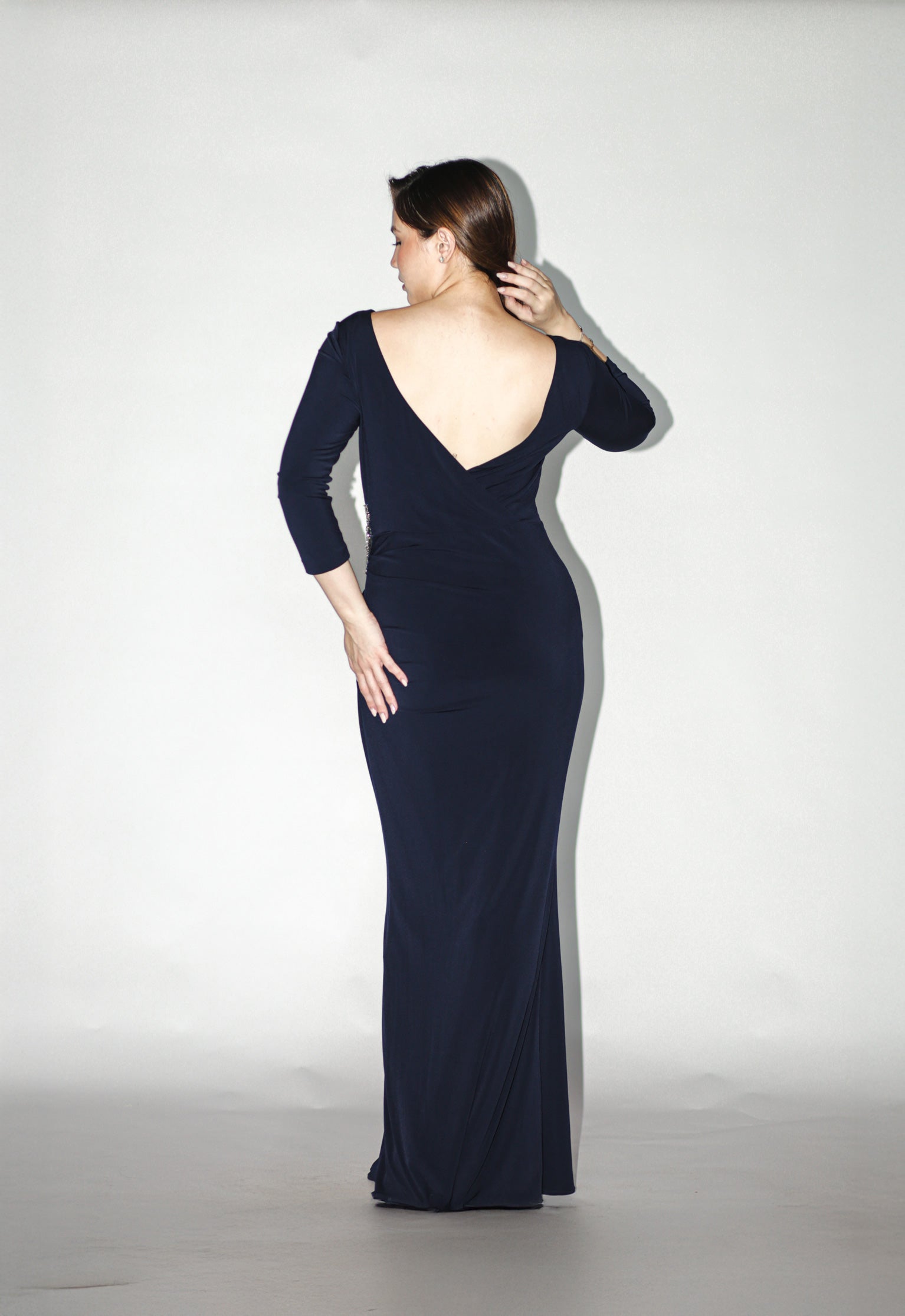 Navy Blue Long Sleeve Gown With Embellishments
