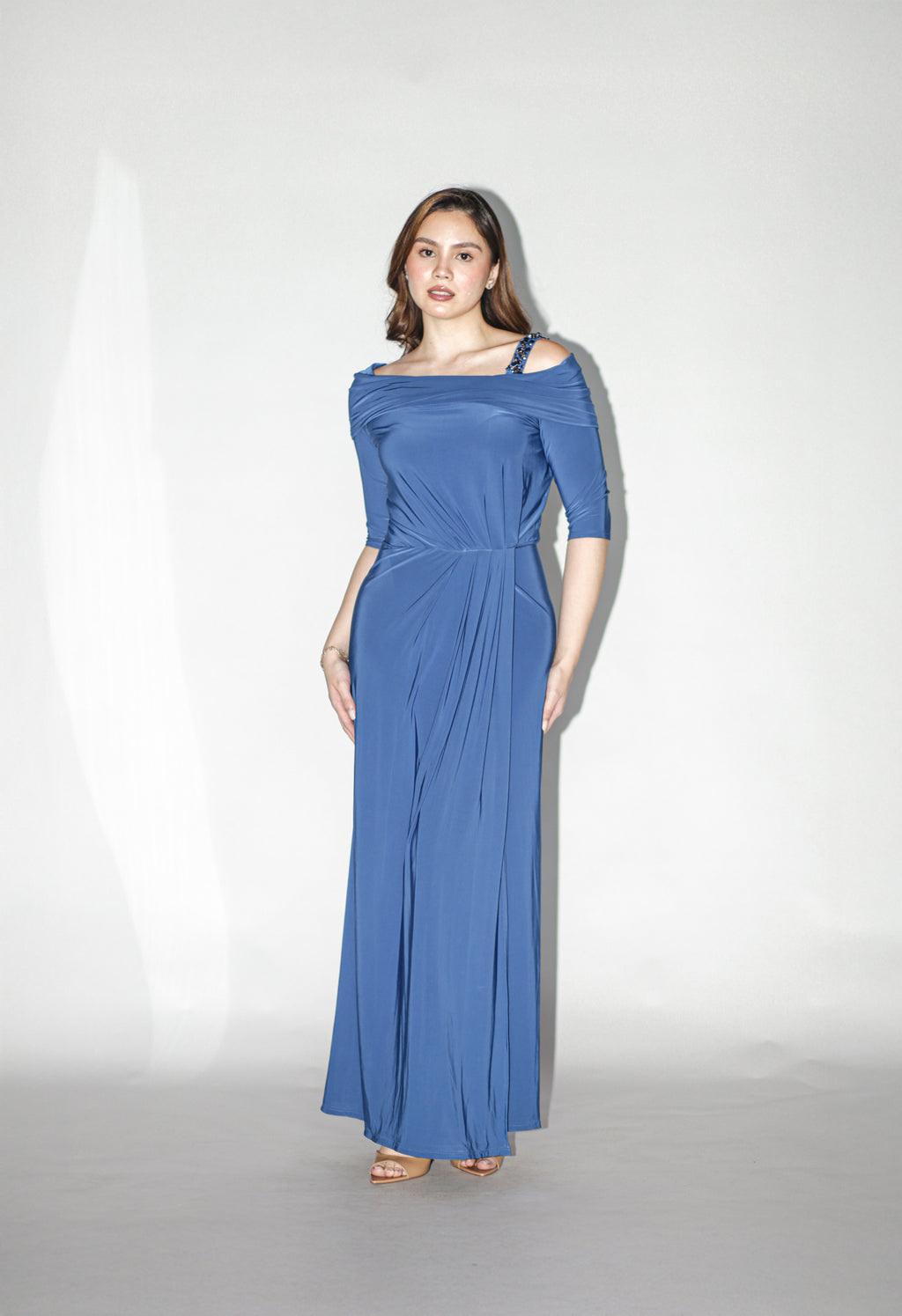 Blue Off Shoulder Long Sleeves Stretch Gown With Gems