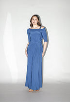 Blue Off Shoulder Long Sleeves Stretch Gown With Gems