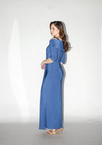 Blue Off Shoulder Long Sleeves Stretch Gown With Gems