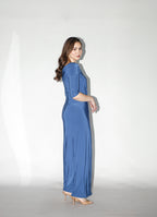 Blue Off Shoulder Long Sleeves Stretch Gown With Gems