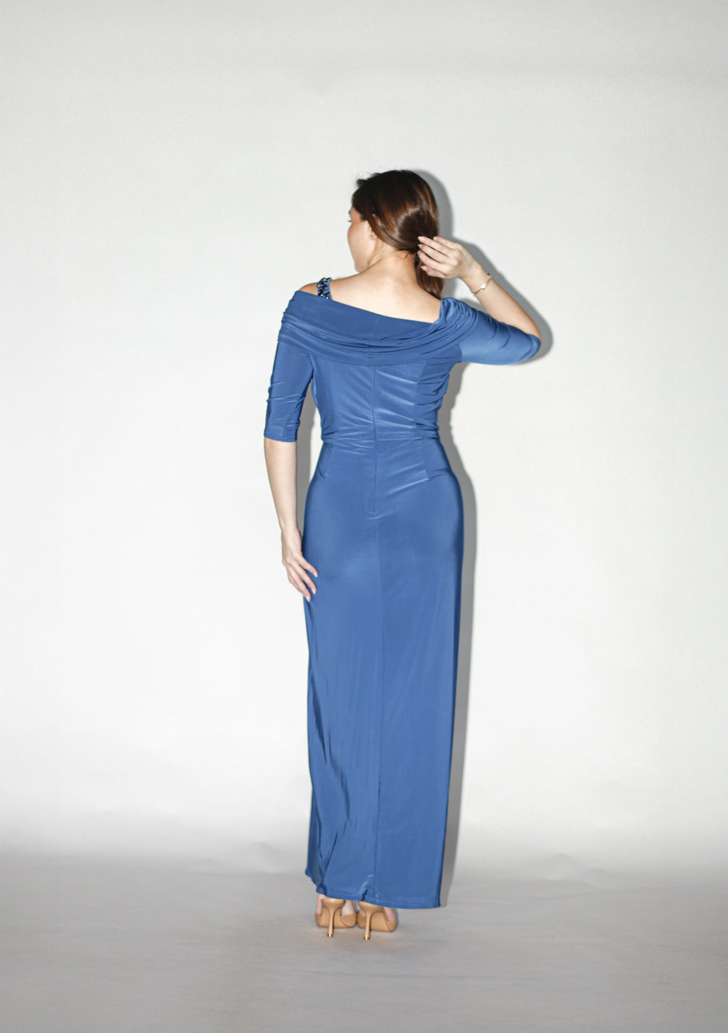 Blue Off Shoulder Long Sleeves Stretch Gown With Gems