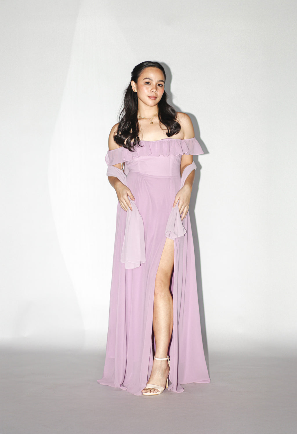 Purple Off Shoulder Maxi Dress with Shawl