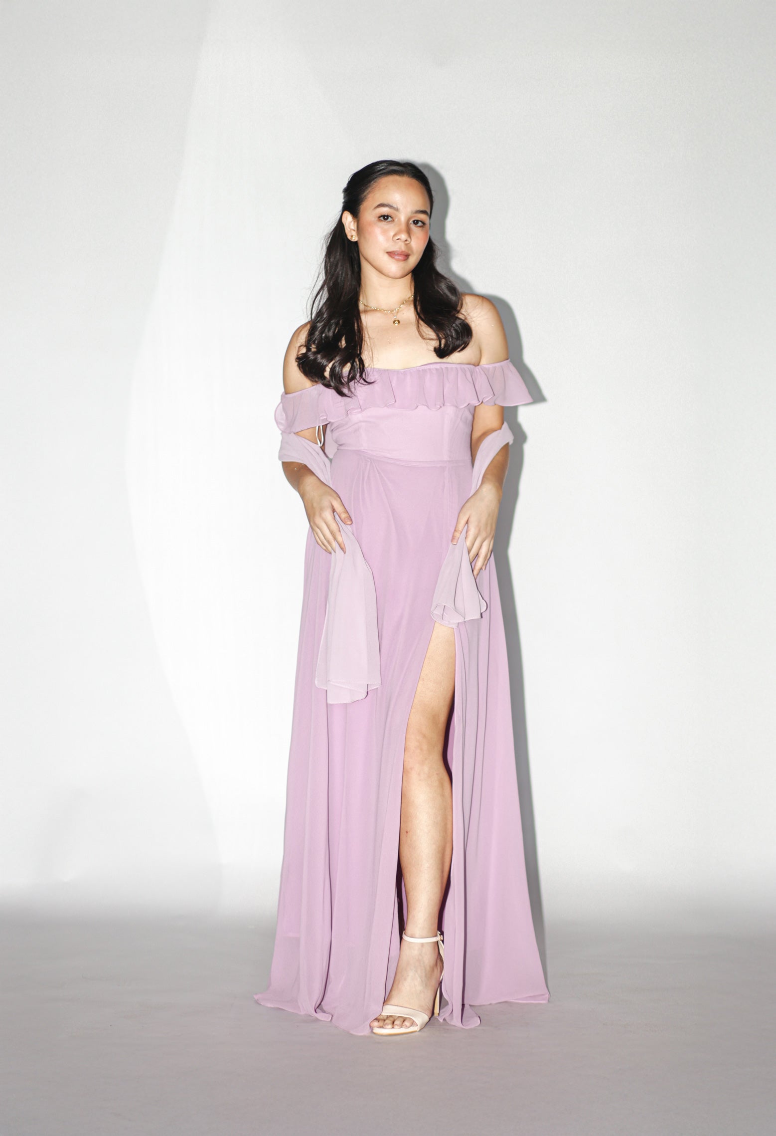 Purple Off Shoulder Maxi Dress with Shawl