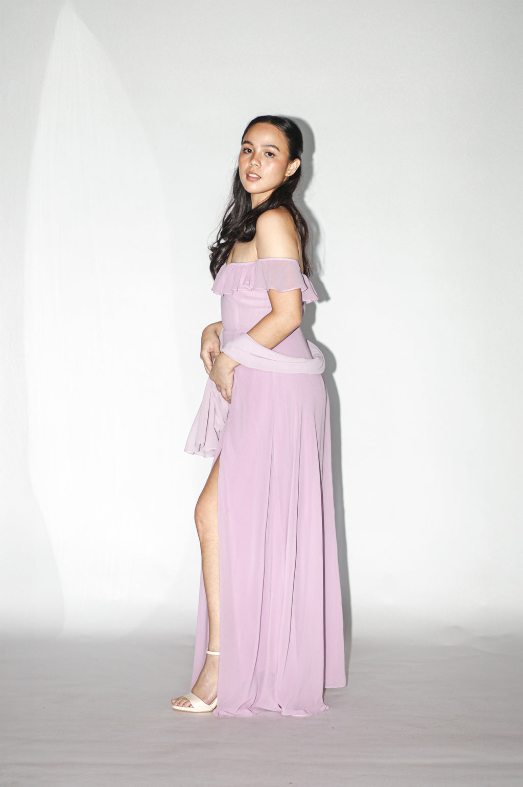 Purple Off Shoulder Maxi Dress with Shawl