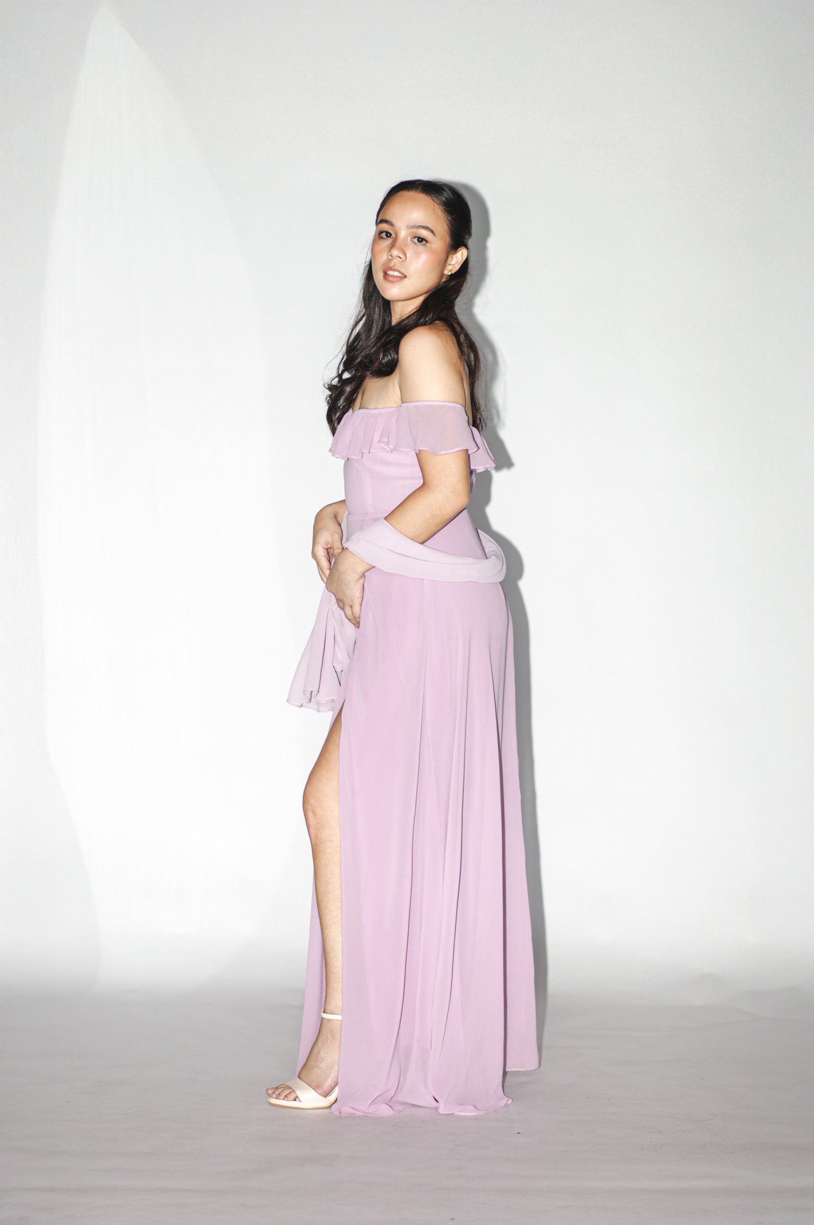 Purple Off Shoulder Maxi Dress with Shawl