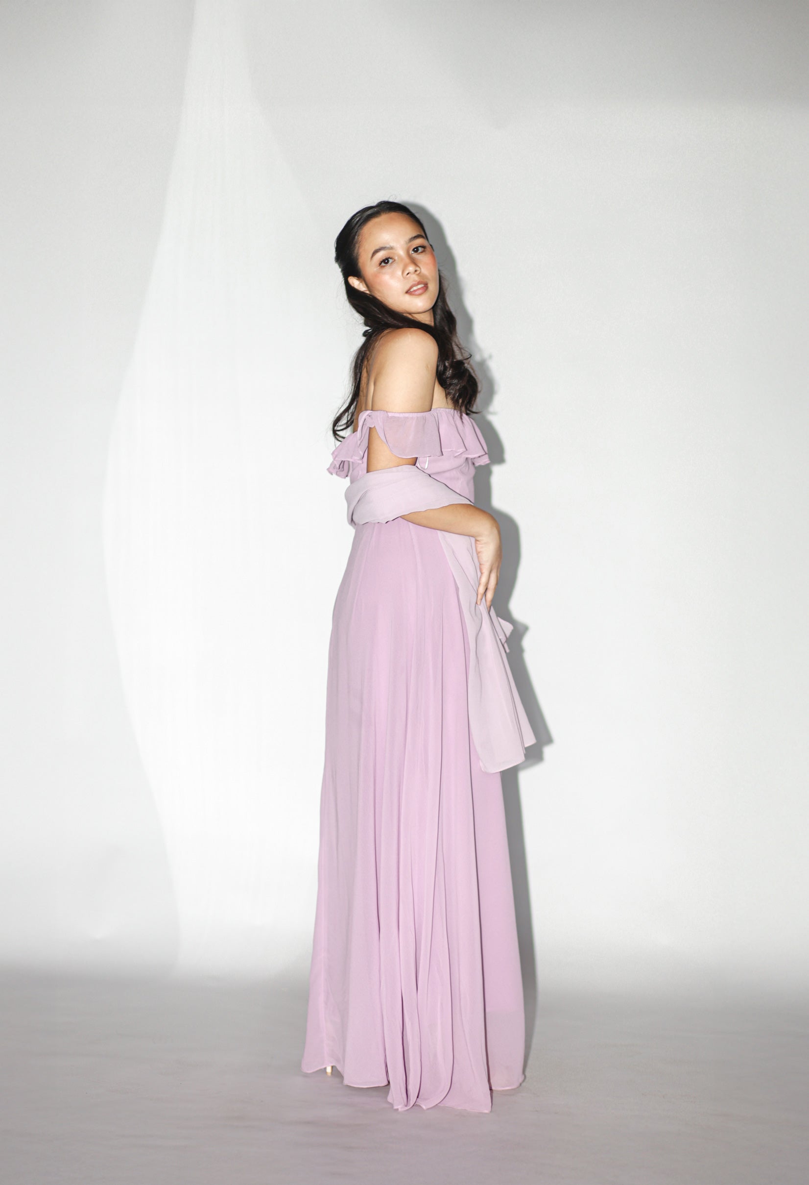 Purple Off Shoulder Maxi Dress with Shawl