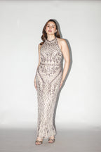 Taupe Beaded Halter Maxi Dress