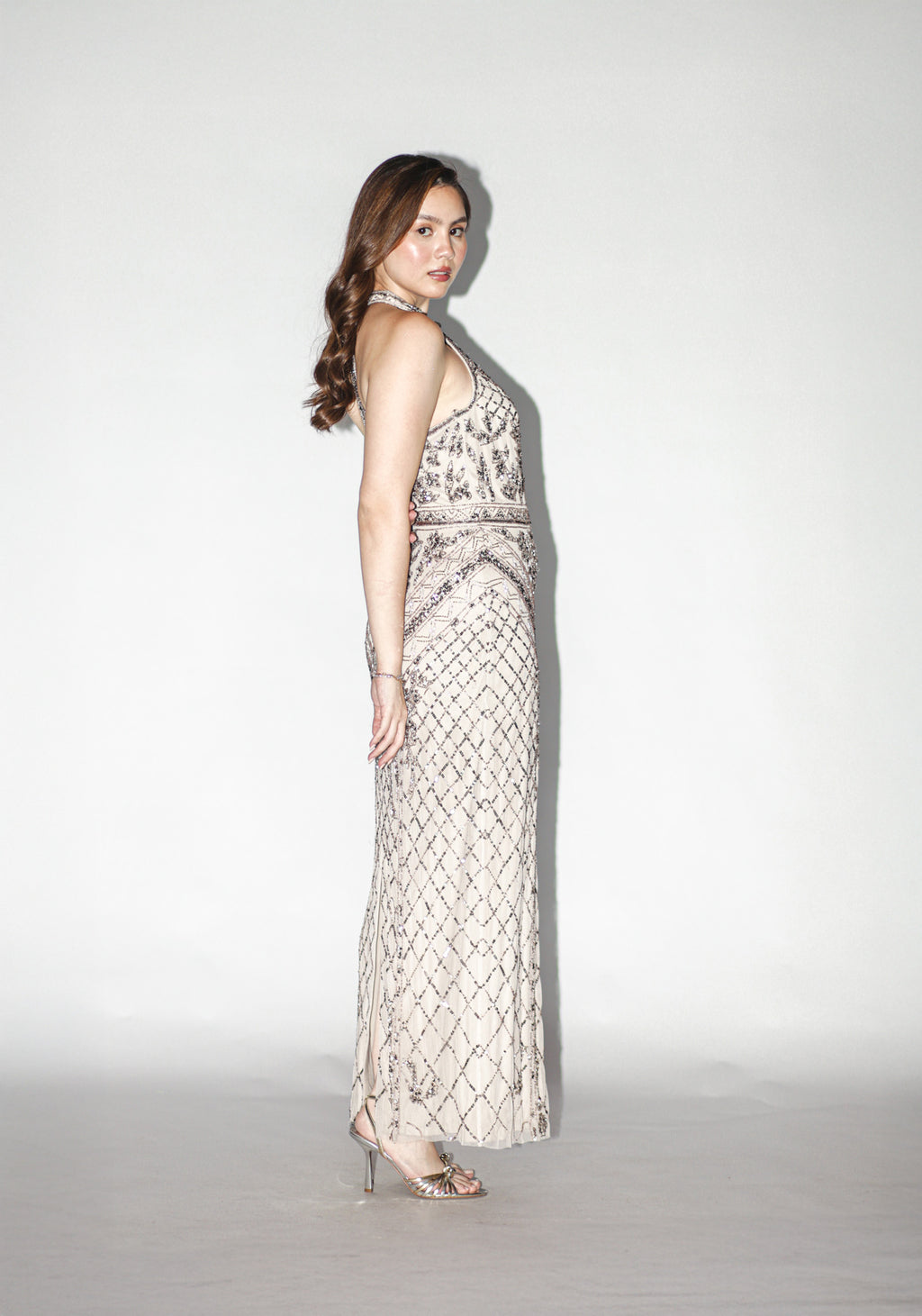 Taupe Beaded Halter Maxi Dress