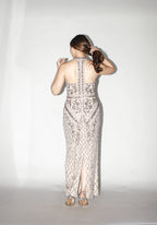 Taupe Beaded Halter Maxi Dress