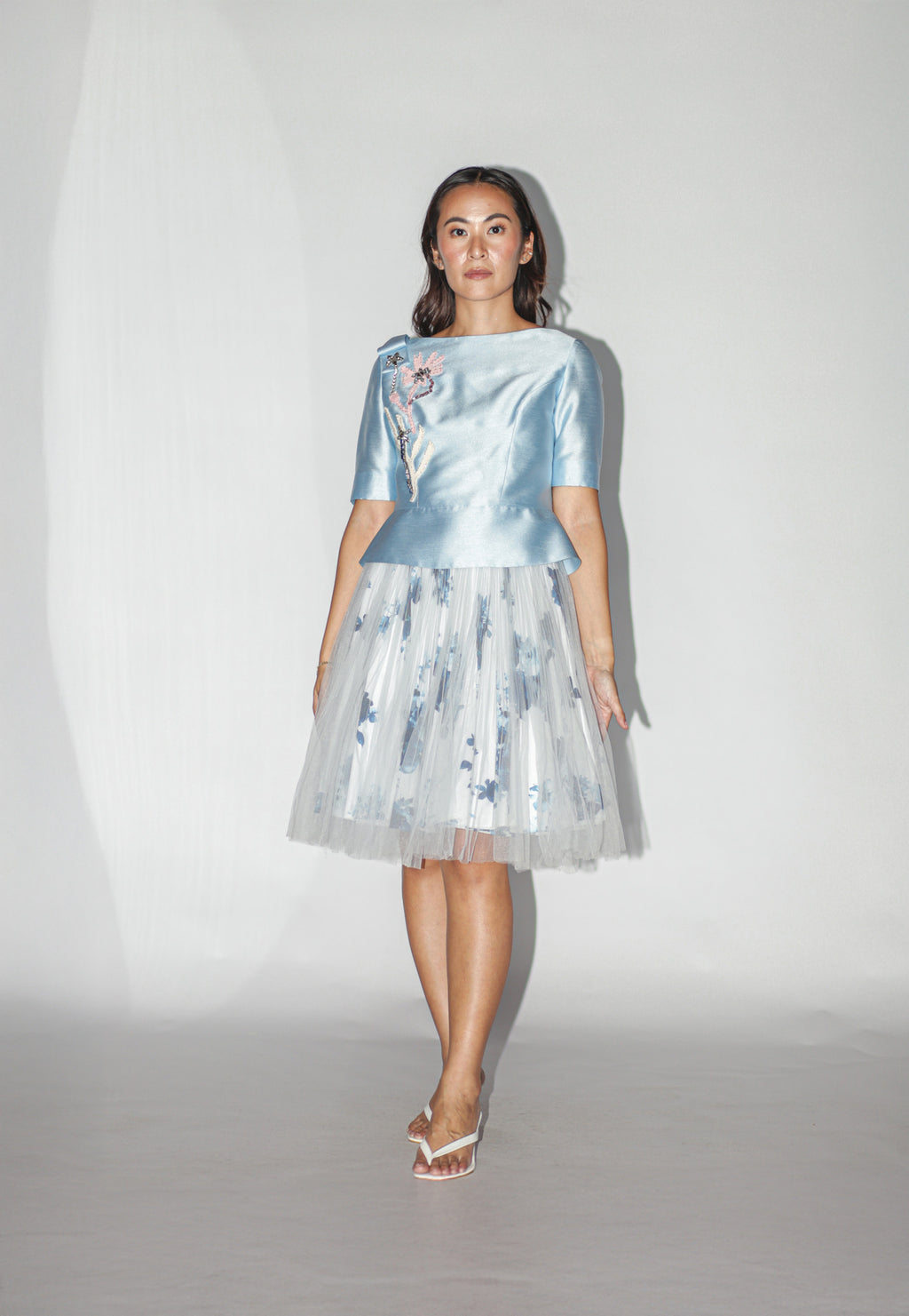 Blue Embellished Top and Floral Skirt