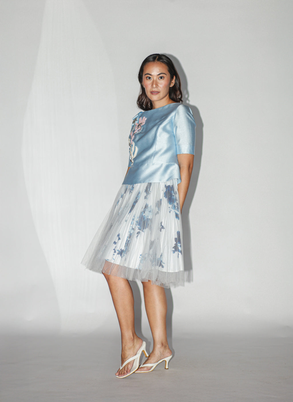 Blue Embellished Top and Floral Skirt