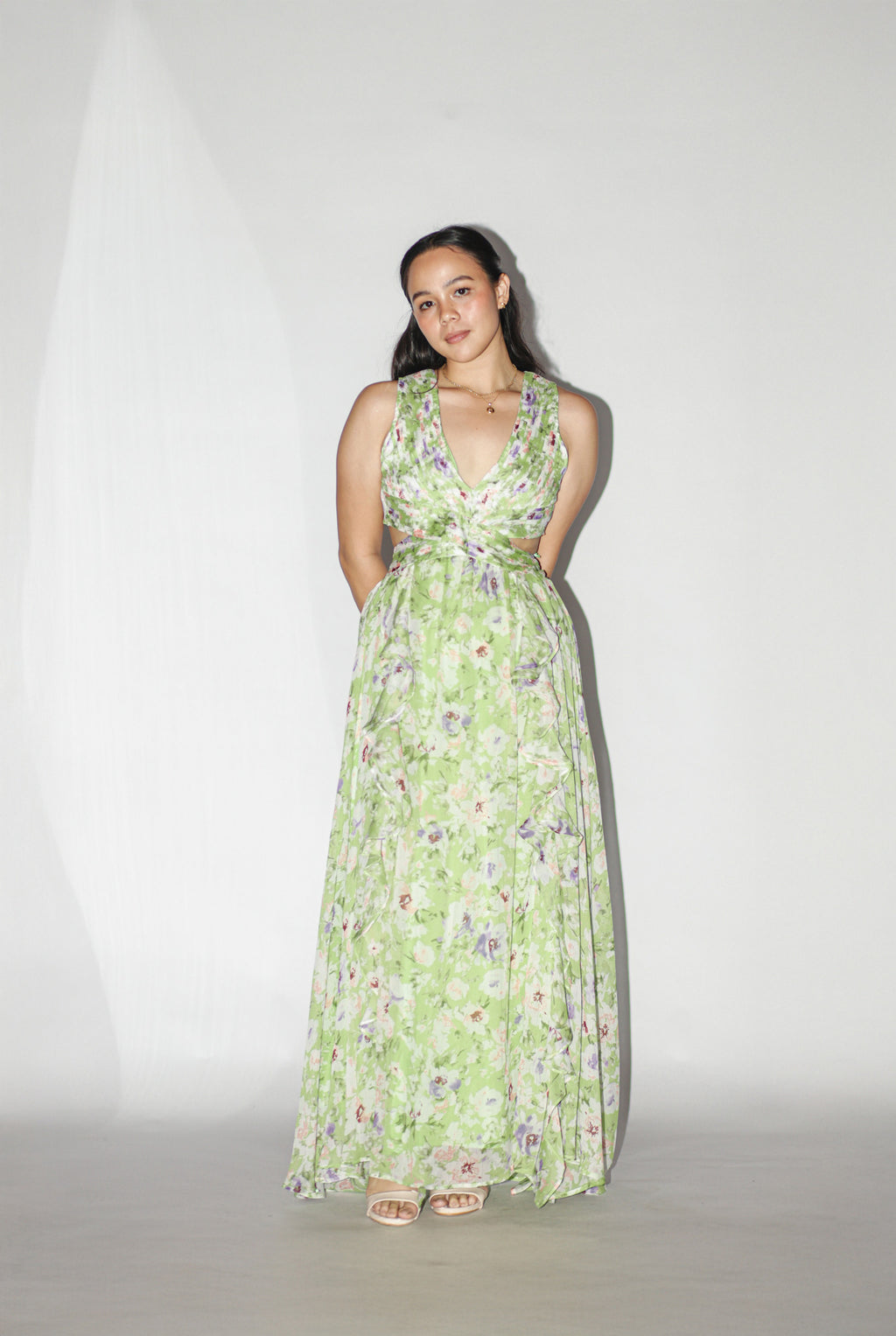 Green Floral Side Cut Dress