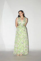 Green Floral Side Cut Dress