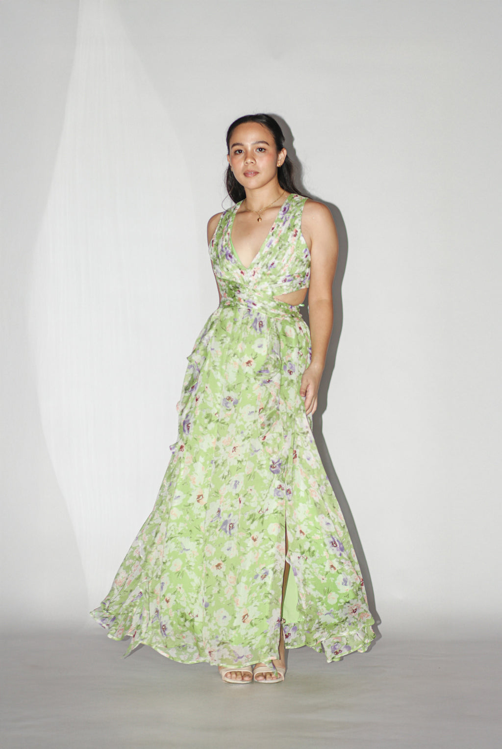 Green Floral Side Cut Dress