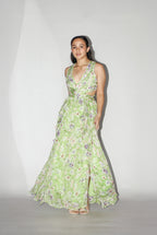 Green Floral Side Cut Dress