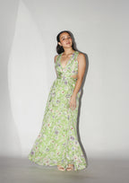 Green Floral Side Cut Dress