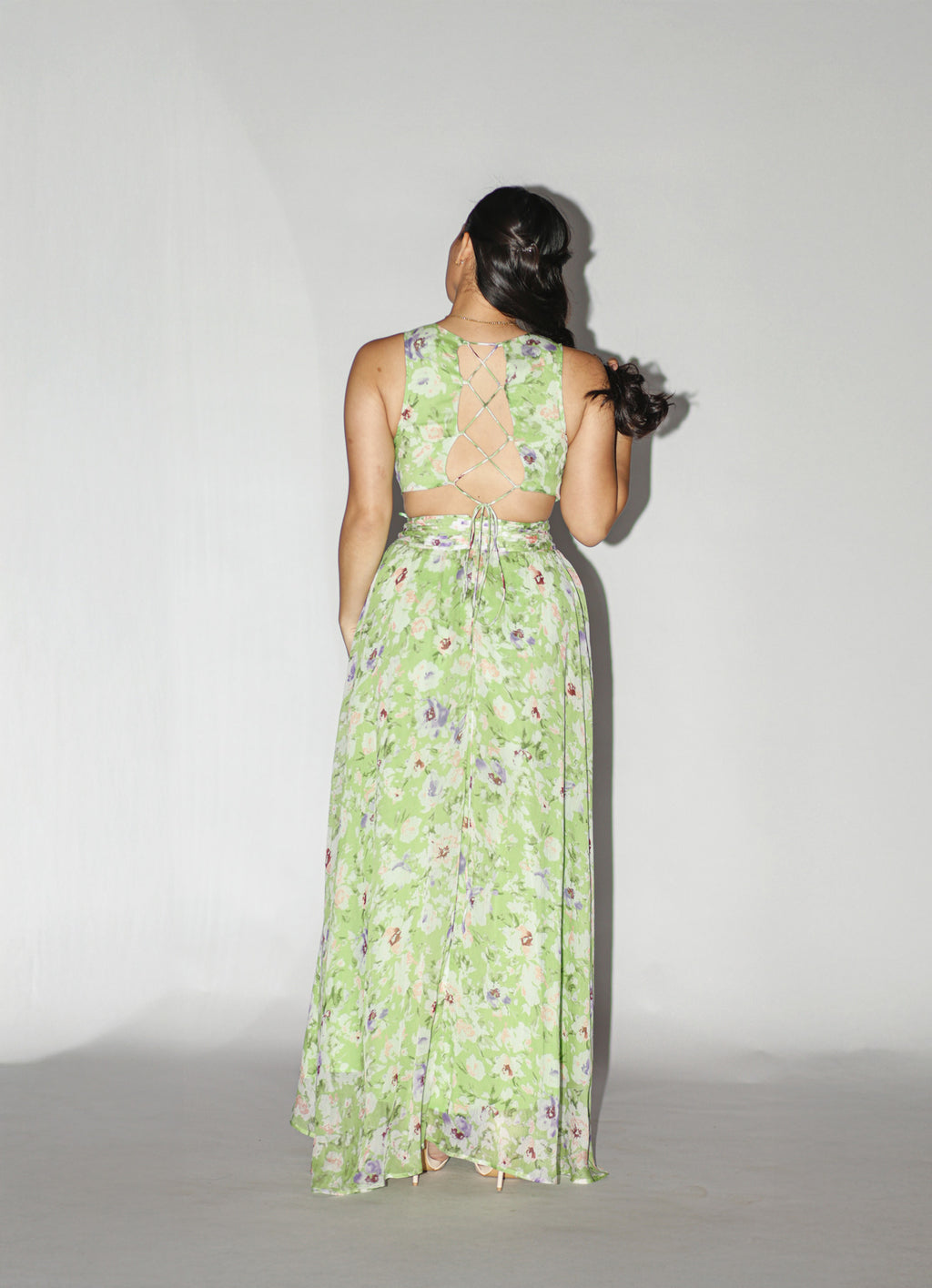 Green Floral Side Cut Dress