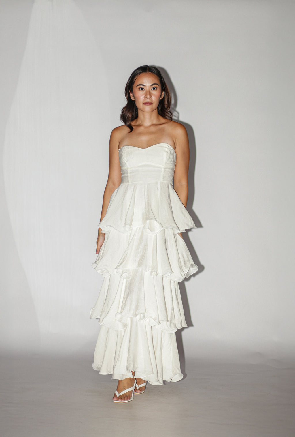 White Bustier Tiered Ruffle Maxi Dress