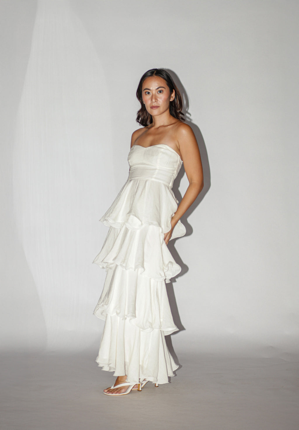 White Bustier Tiered Ruffle Maxi Dress