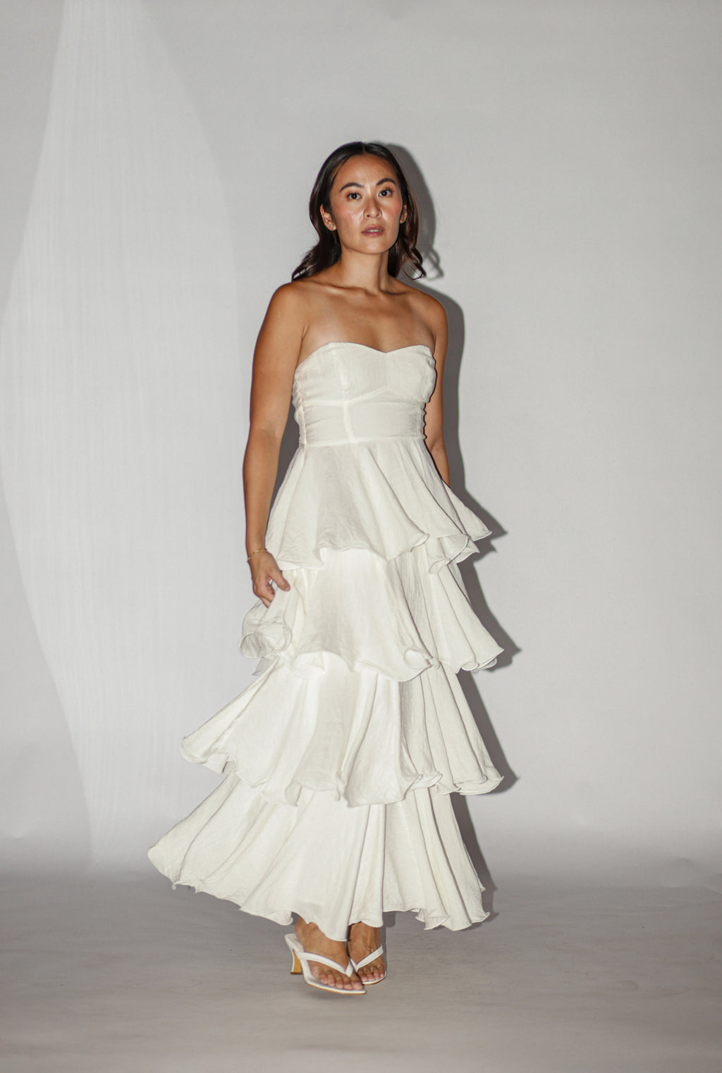 White Bustier Tiered Ruffle Maxi Dress