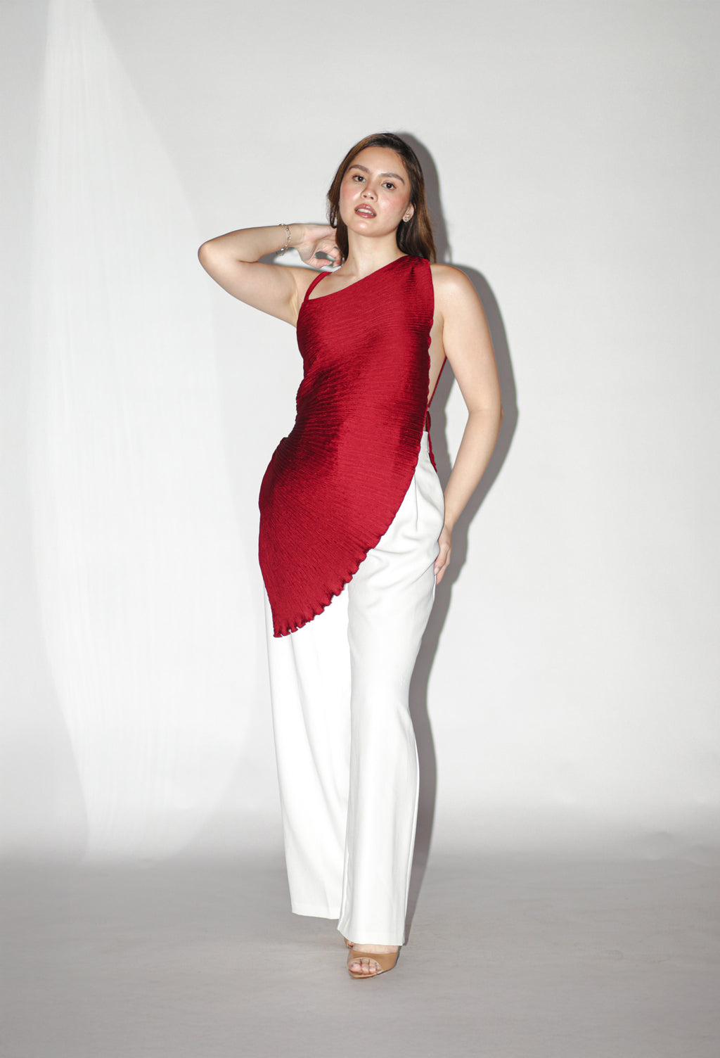 One Sided Pleated Red Top
