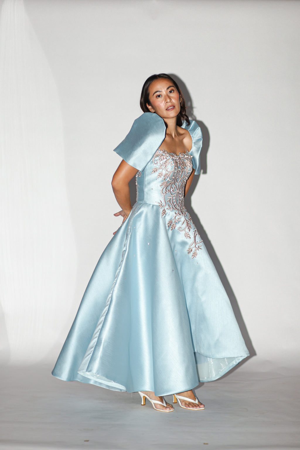 Sky Blue Detachable Filipiniana With Gold Lace