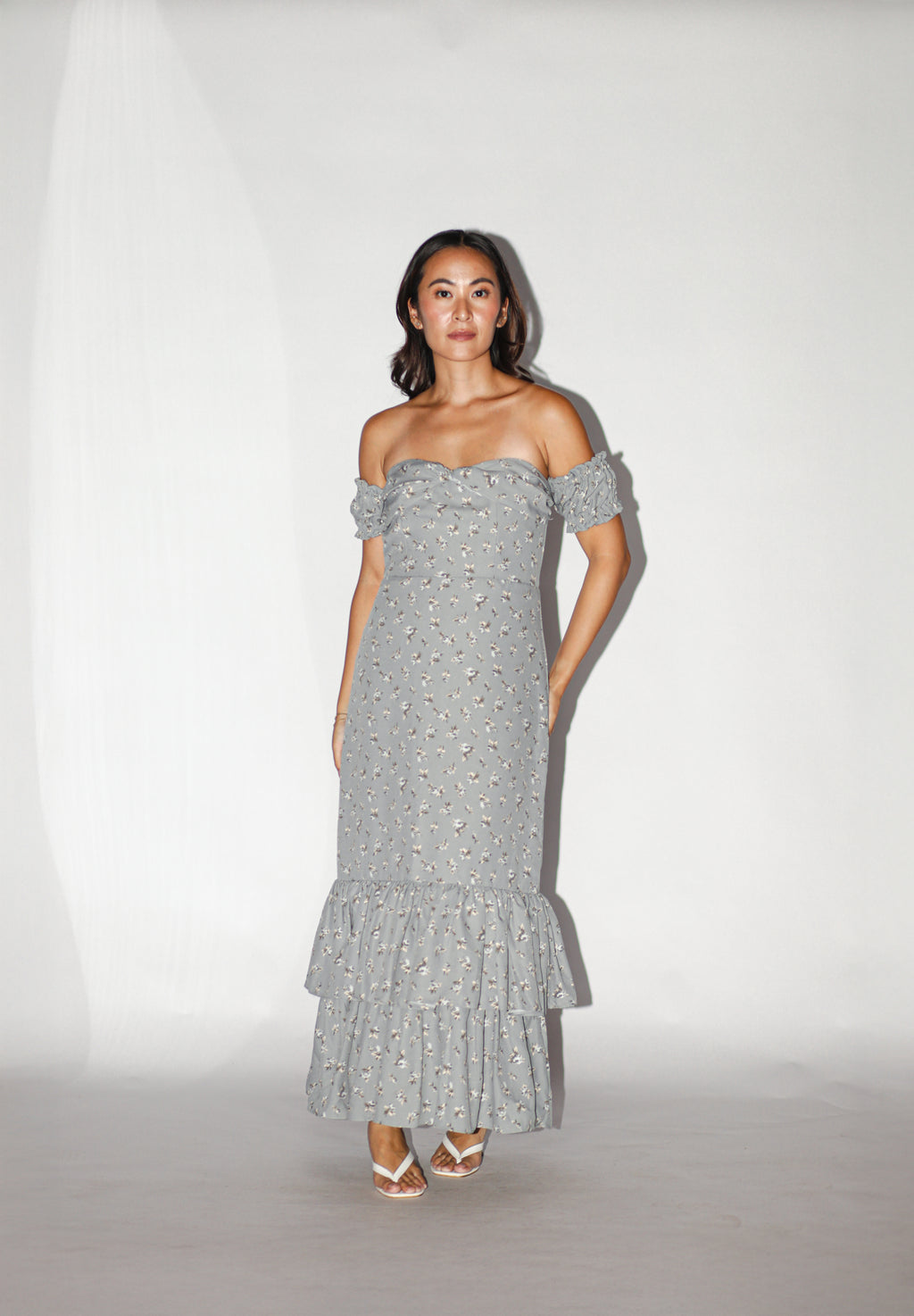 Gray Floral Off Shoulder Ruffle Dress