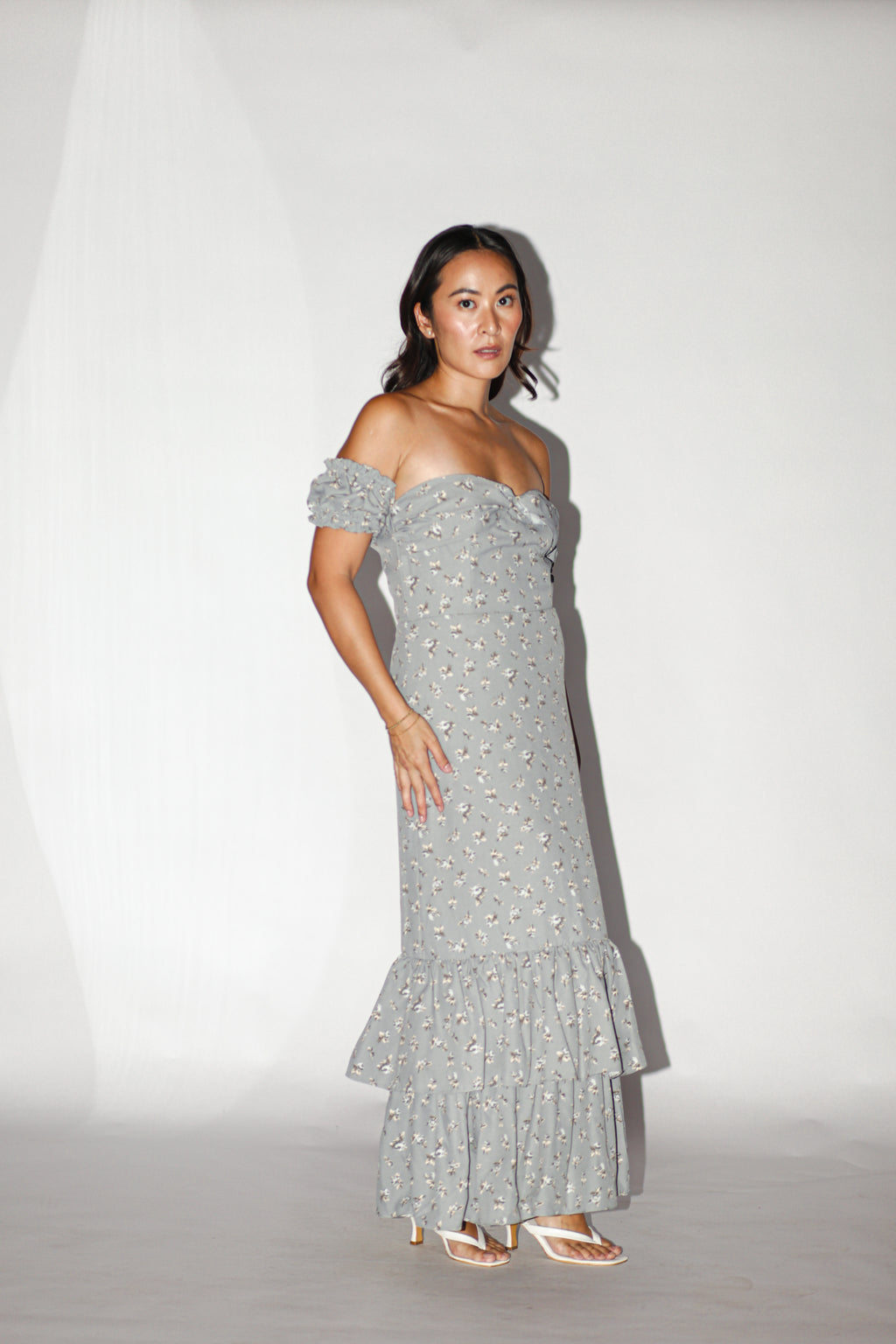 Gray Floral Off Shoulder Ruffle Dress