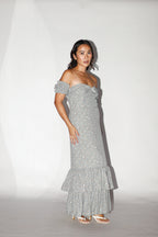 Gray Floral Off Shoulder Ruffle Dress