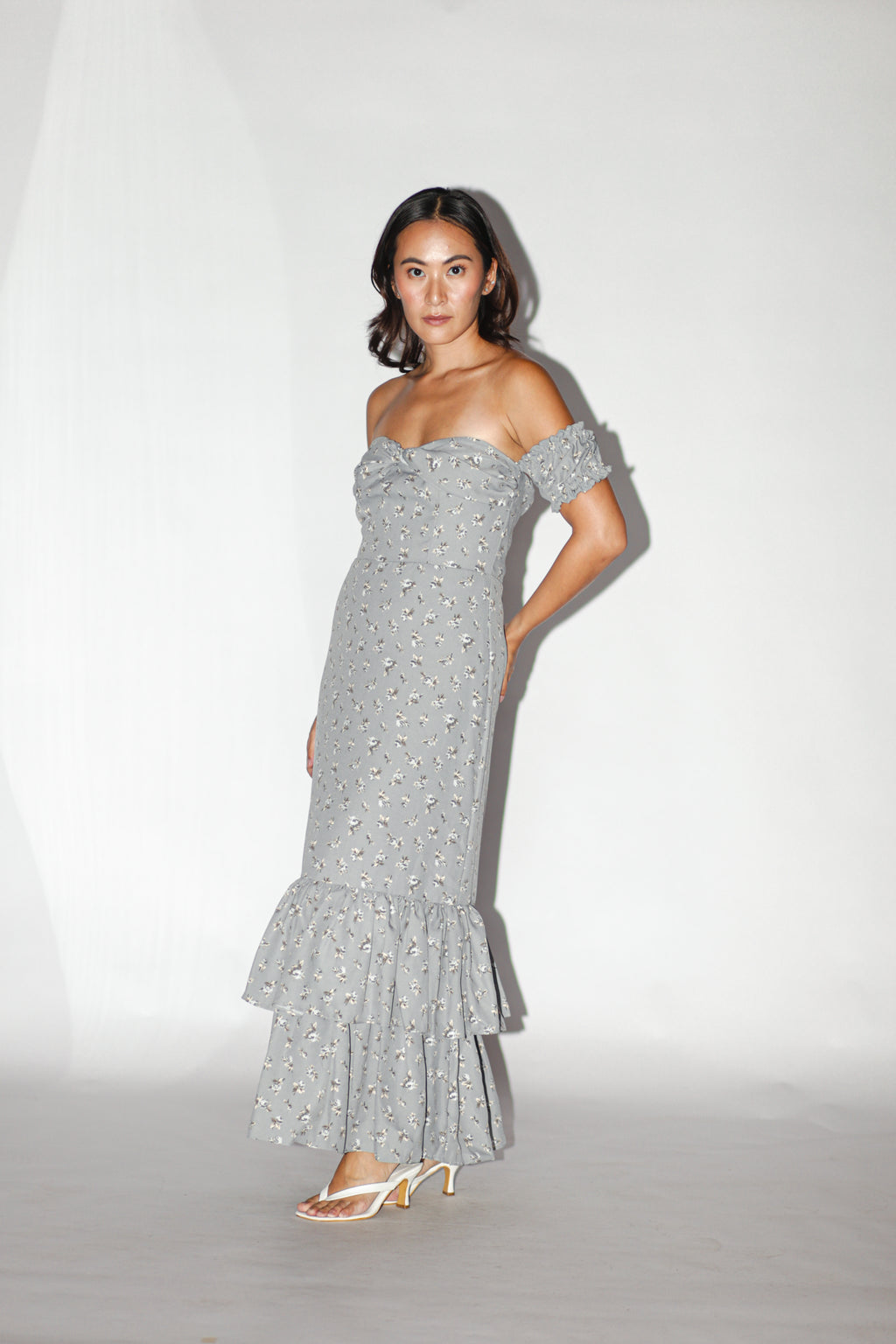 Gray Floral Off Shoulder Ruffle Dress