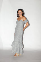 Gray Floral Off Shoulder Ruffle Dress