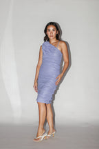 Asymmetrical Blue Dress with Flower Detail