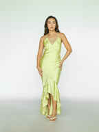 Lime Green Tiered Satin Maxi Dress