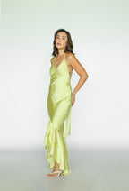 Lime Green Tiered Satin Maxi Dress