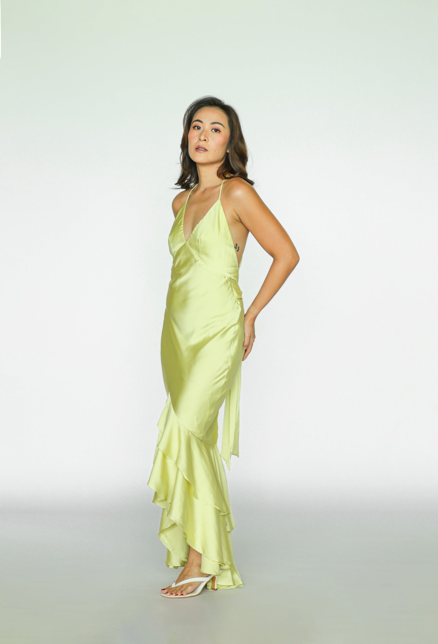 Lime Green Tiered Satin Maxi Dress
