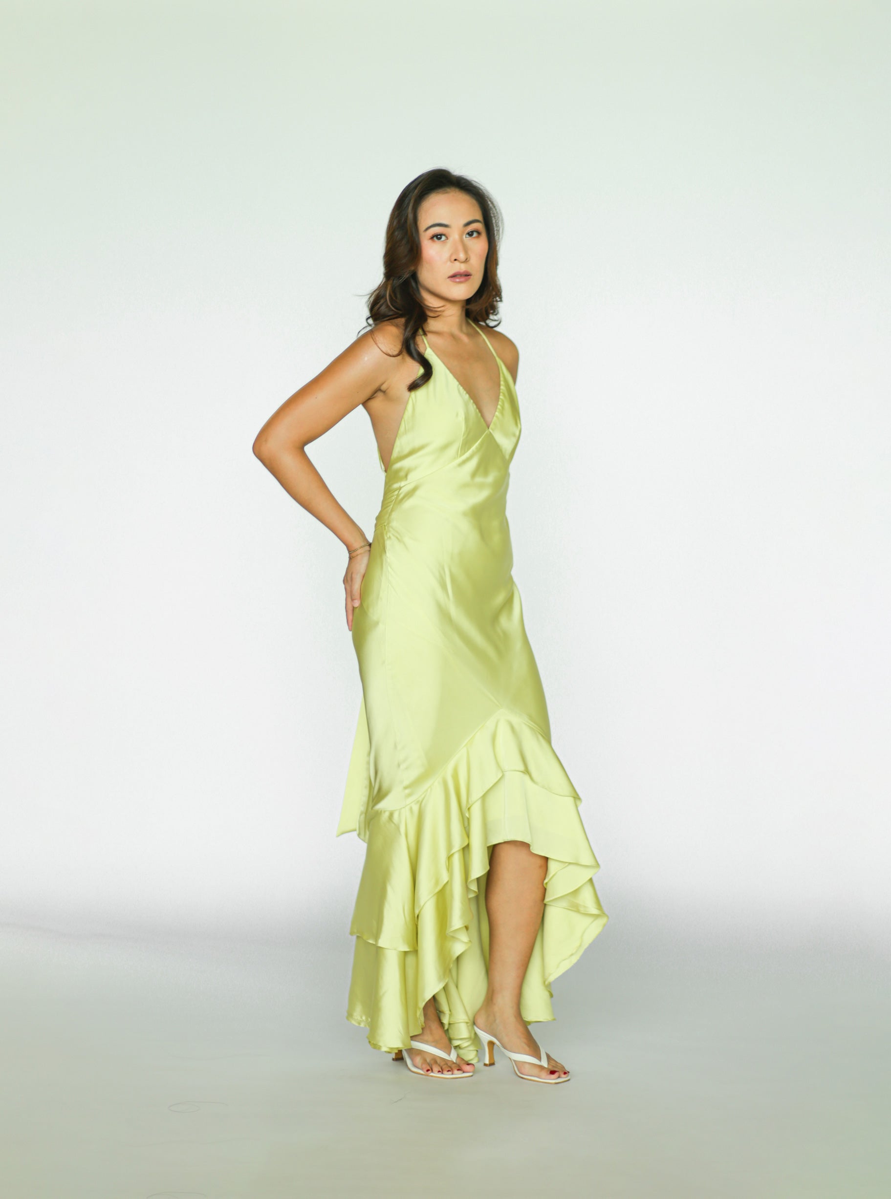 Lime Green Tiered Satin Maxi Dress